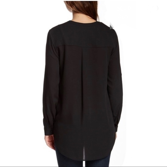 Pleione split neck black Long Sleeve Blouse button tab. Black. Business work - Picture 3 of 9